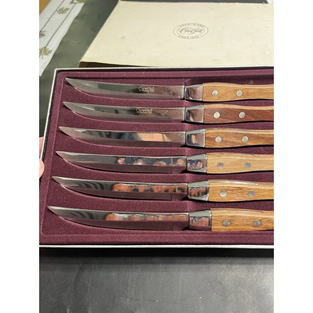 Vtg Carvel Hall Wood Handle Stainless Steak Knives 6pc IOB Japan